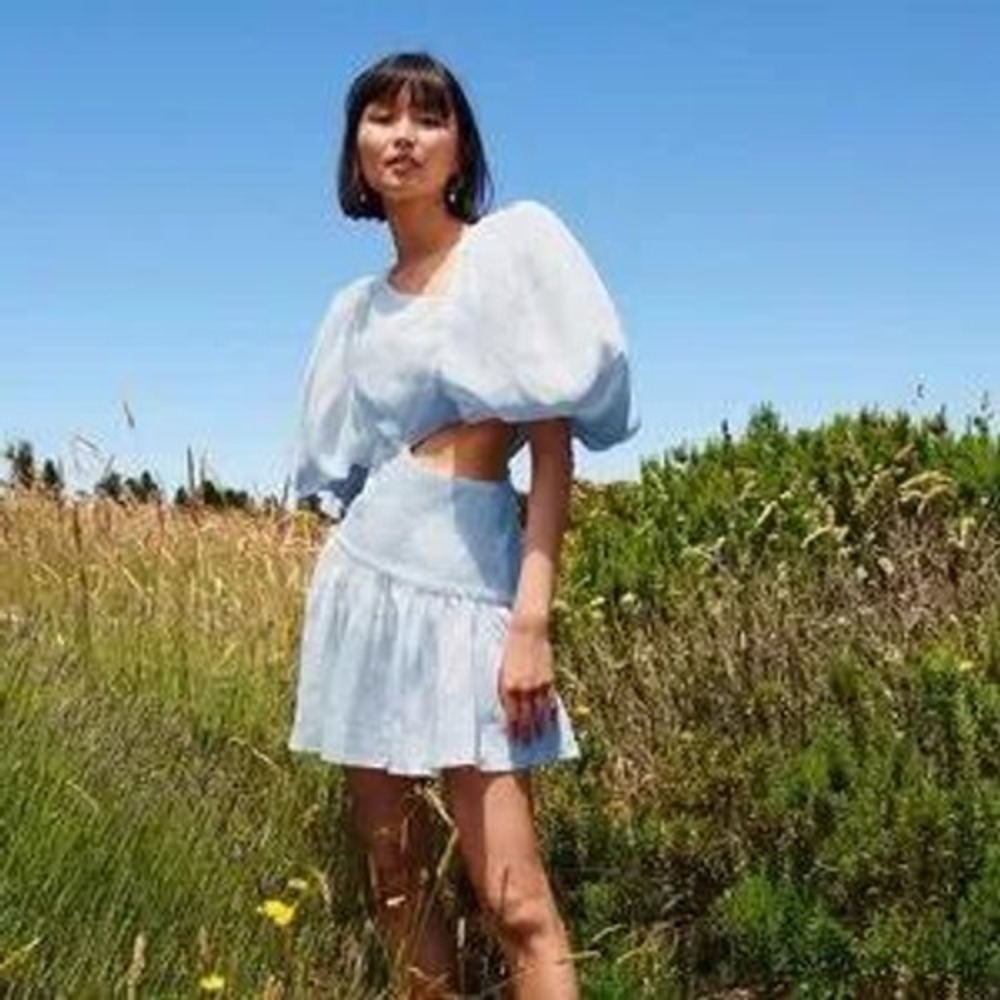 Aje Chateau puff sleeve mini dress size AU 8 US 4 linen blend powder blue‎ $495